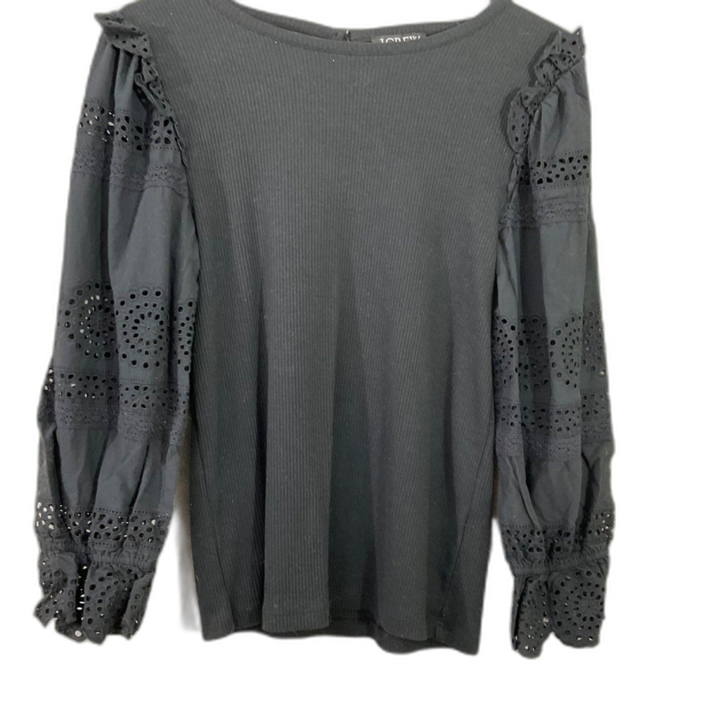 J. Crew Women's M Sweater Top Black Ruffle eyelet slv. Ribbed Cotton Modal knit